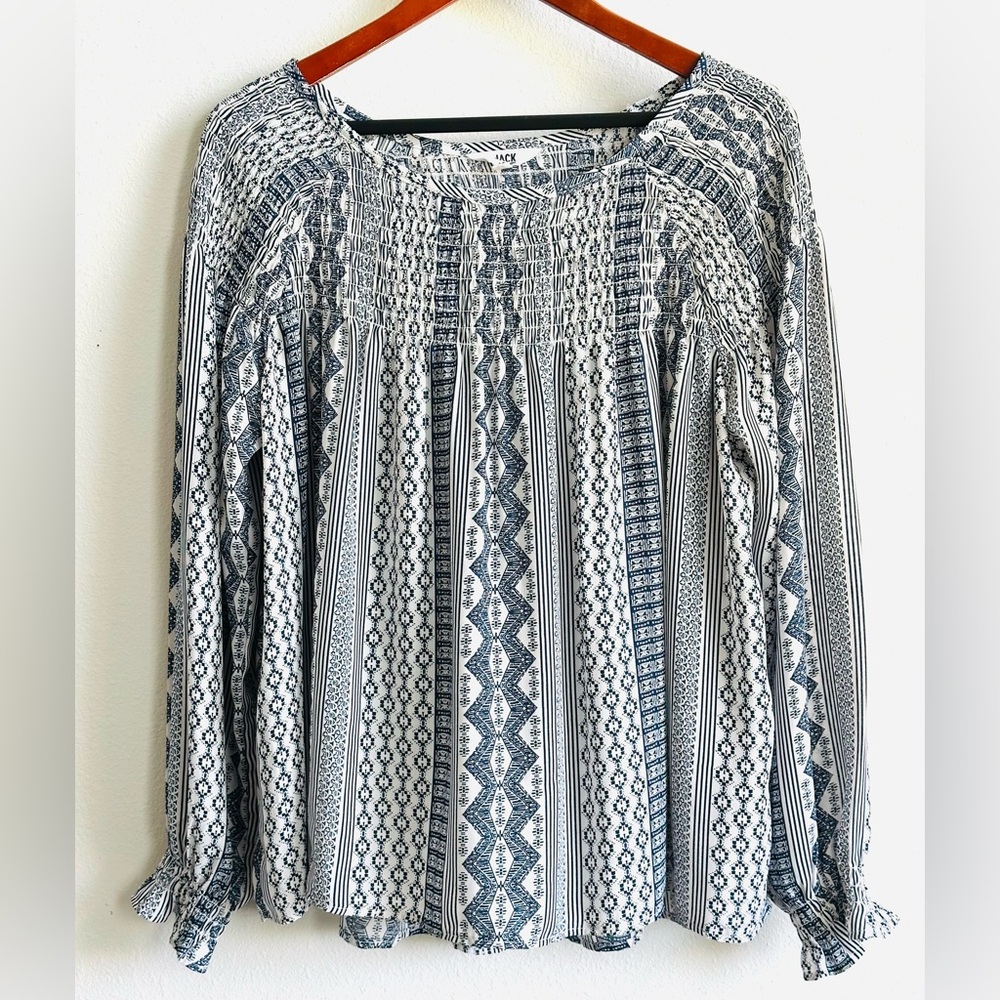Jack by BB Dakota Women's‎ Large Indigo & White Boatneck Shirred Long Sleeve Top